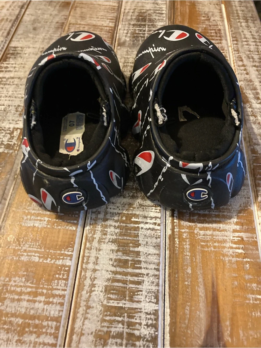 Champion Kids Black Slip-On Clogs with Red & White Logo